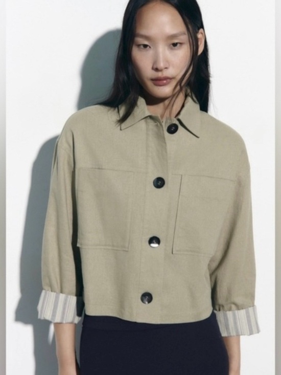 Zara Jackets & Blazers - ZARA Oversized Sage Green Linen Blend Cropped Utility Jacket Sz S Light Olive